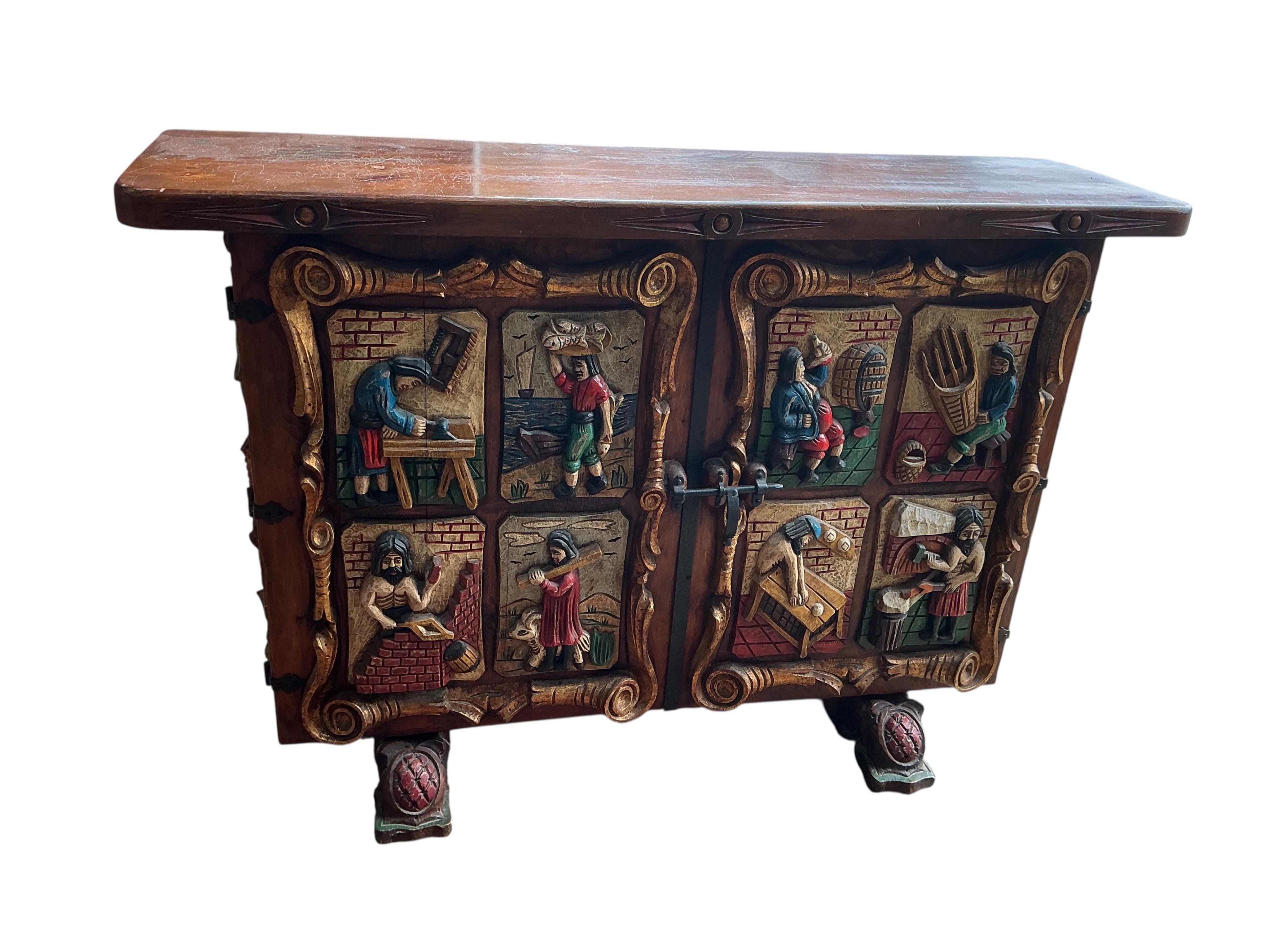 An Italian carved painted pine side cabinet, width 119cm, depth 34cm, height 79cm